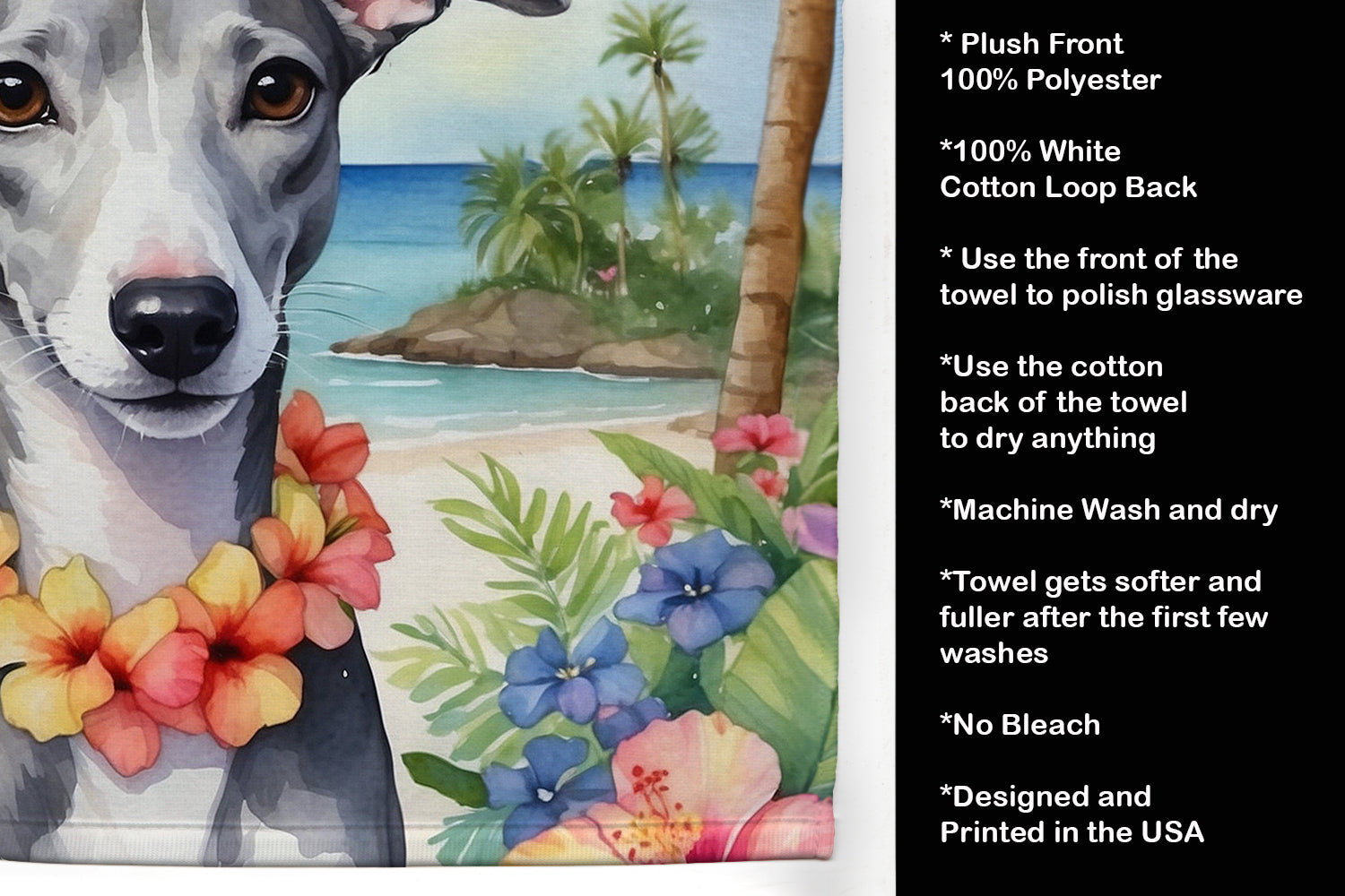 Whippet Luau Kitchen Towel Velour Plush Front and Cotton Loop Back Machine Washable