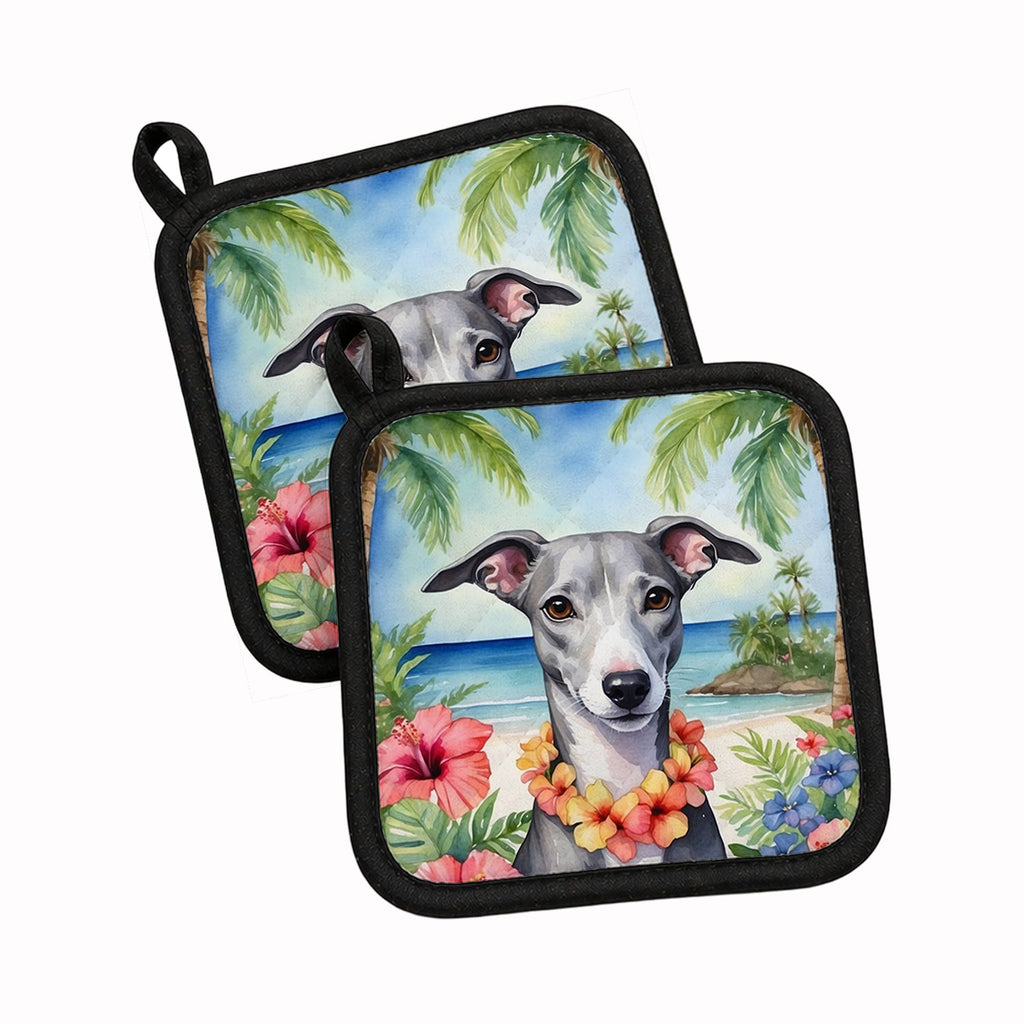 Whippet Luau Pot Holder Set of 2 Heat Resistant Quilted Hot Pads 7.5 x 7.5 Inch, Insulated Kitchen Trivets for Cooking & Baking