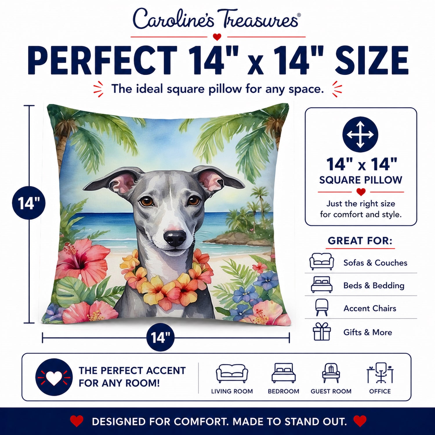 Whippet Luau Decorative Throw Pillow 14x14 Indoor Outdoor Accent Cushion, Fabric Cover with Insert for Sofa, Bed, Porch & Living Room