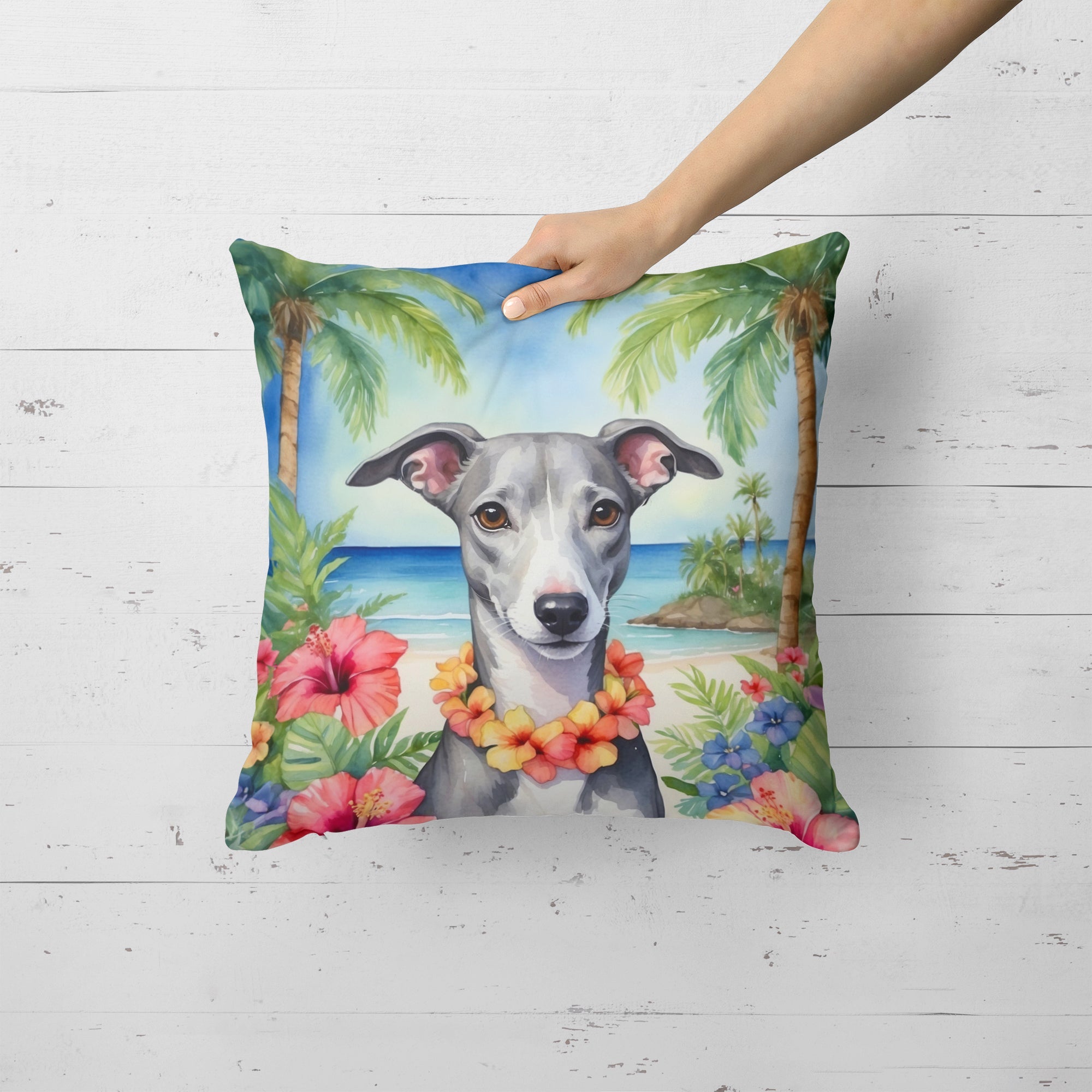 Whippet Luau Decorative Throw Pillow 18x18 Indoor Outdoor Accent Cushion, Fabric Cover with Insert for Sofa, Bed, Porch & Living Room