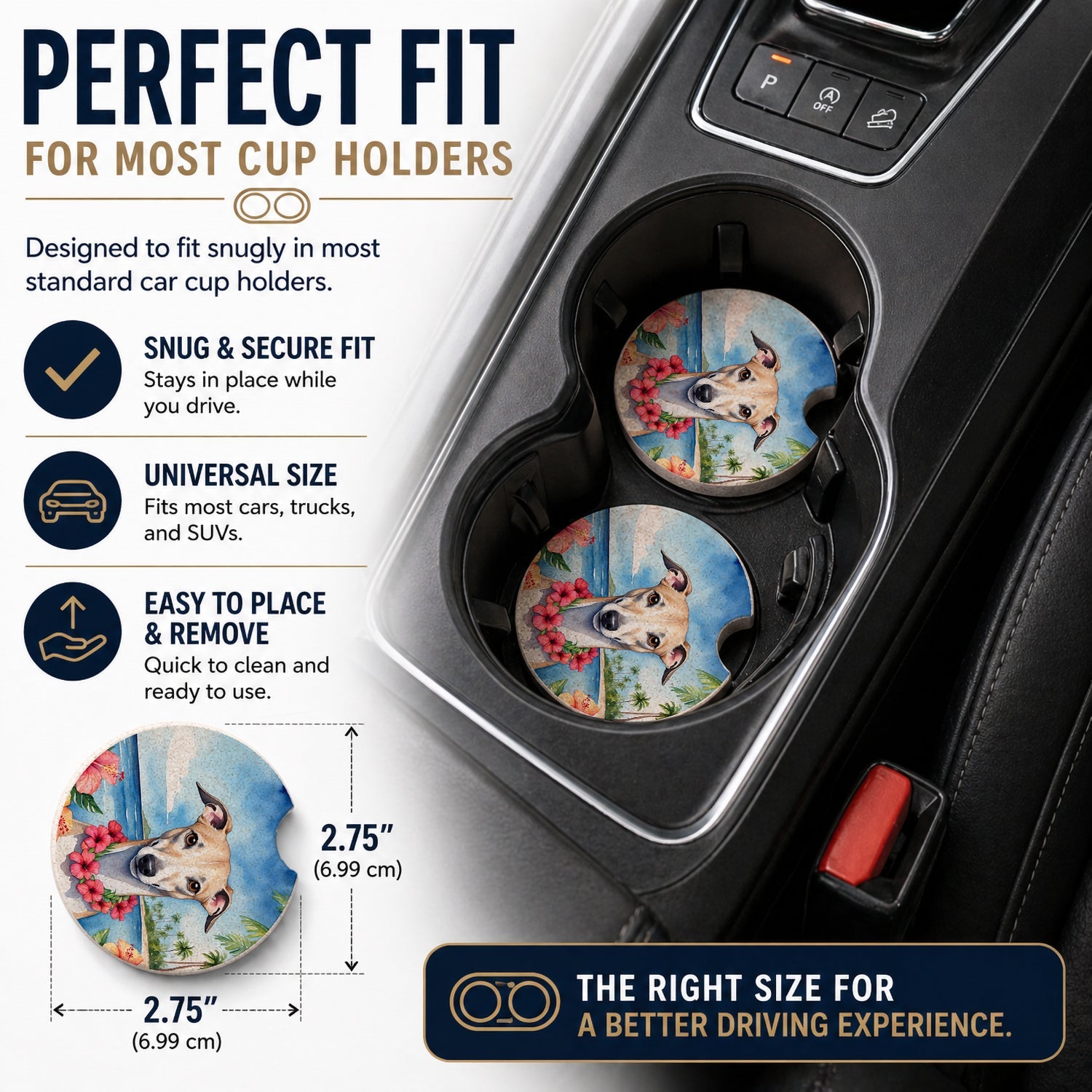 Whippet Luau Set of 2 Cup Holder Car Coasters Absorbent Round Sandstone Coasters Gifts for Men or Women, 2.5, Multicolor