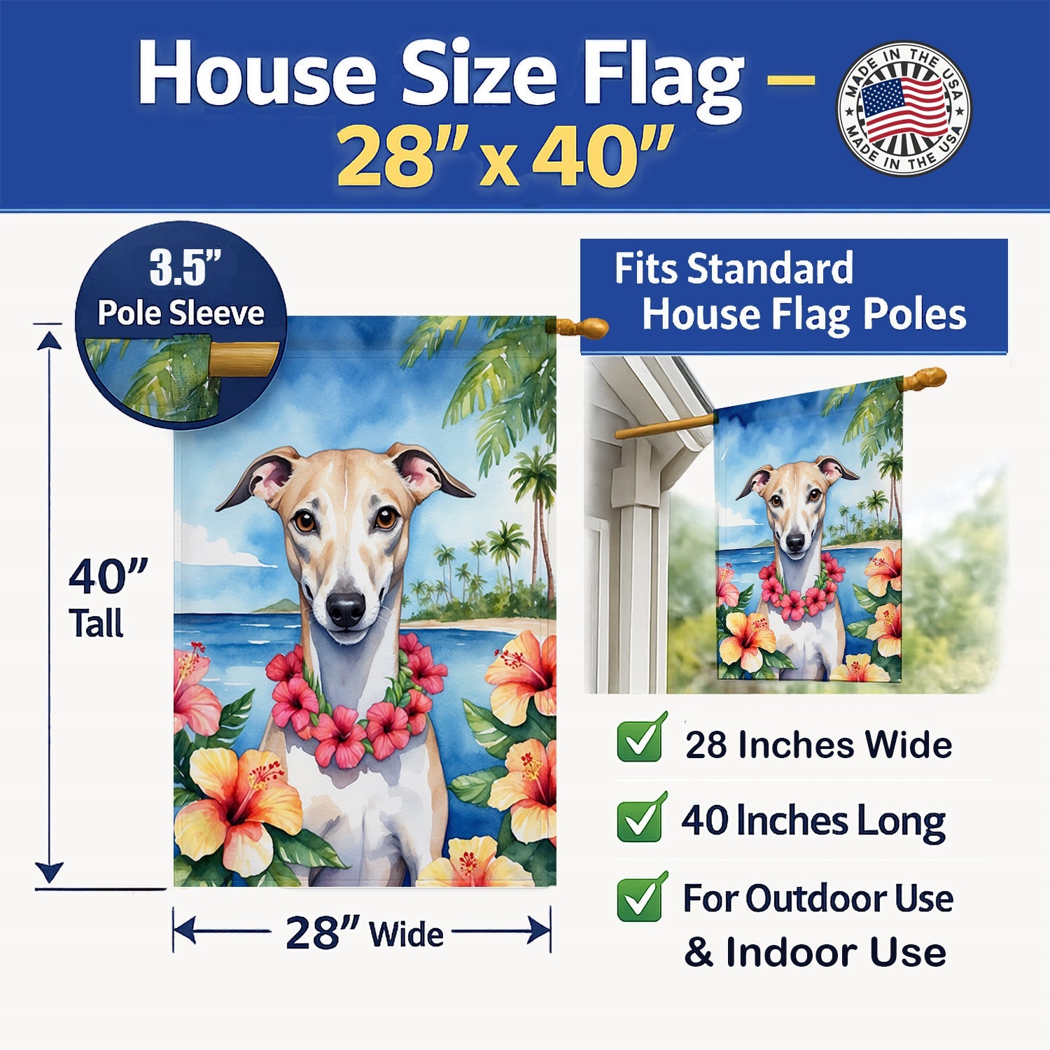 Whippet Luau House Flag 28x40 Porch Sleeve Pole Decorative Outside Yard Banner Artwork Wall Hanging, Polyester