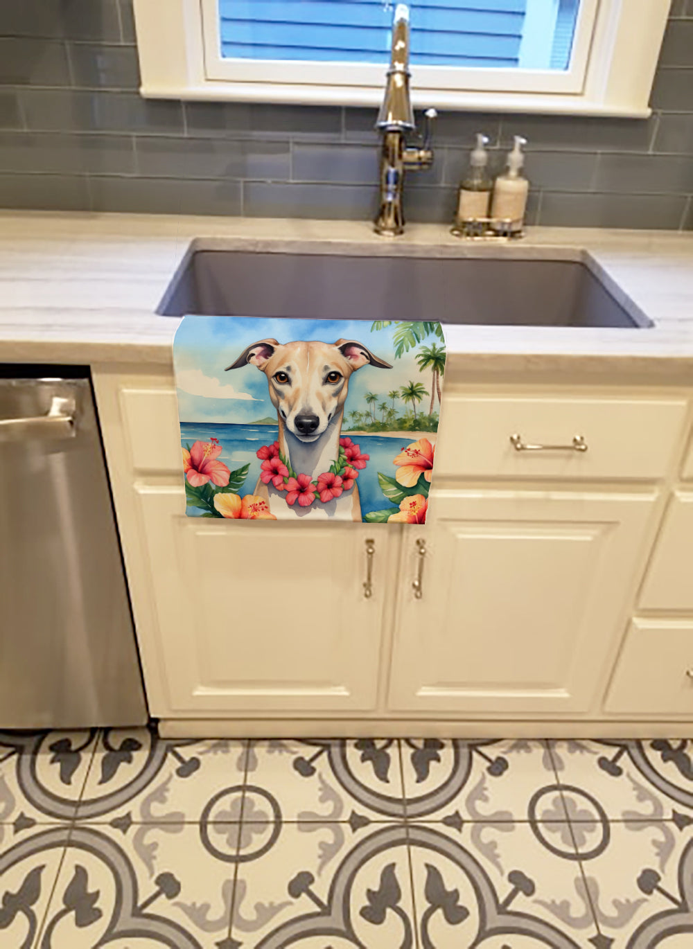 Whippet Luau Kitchen Towel Velour Plush Front and Cotton Loop Back Machine Washable