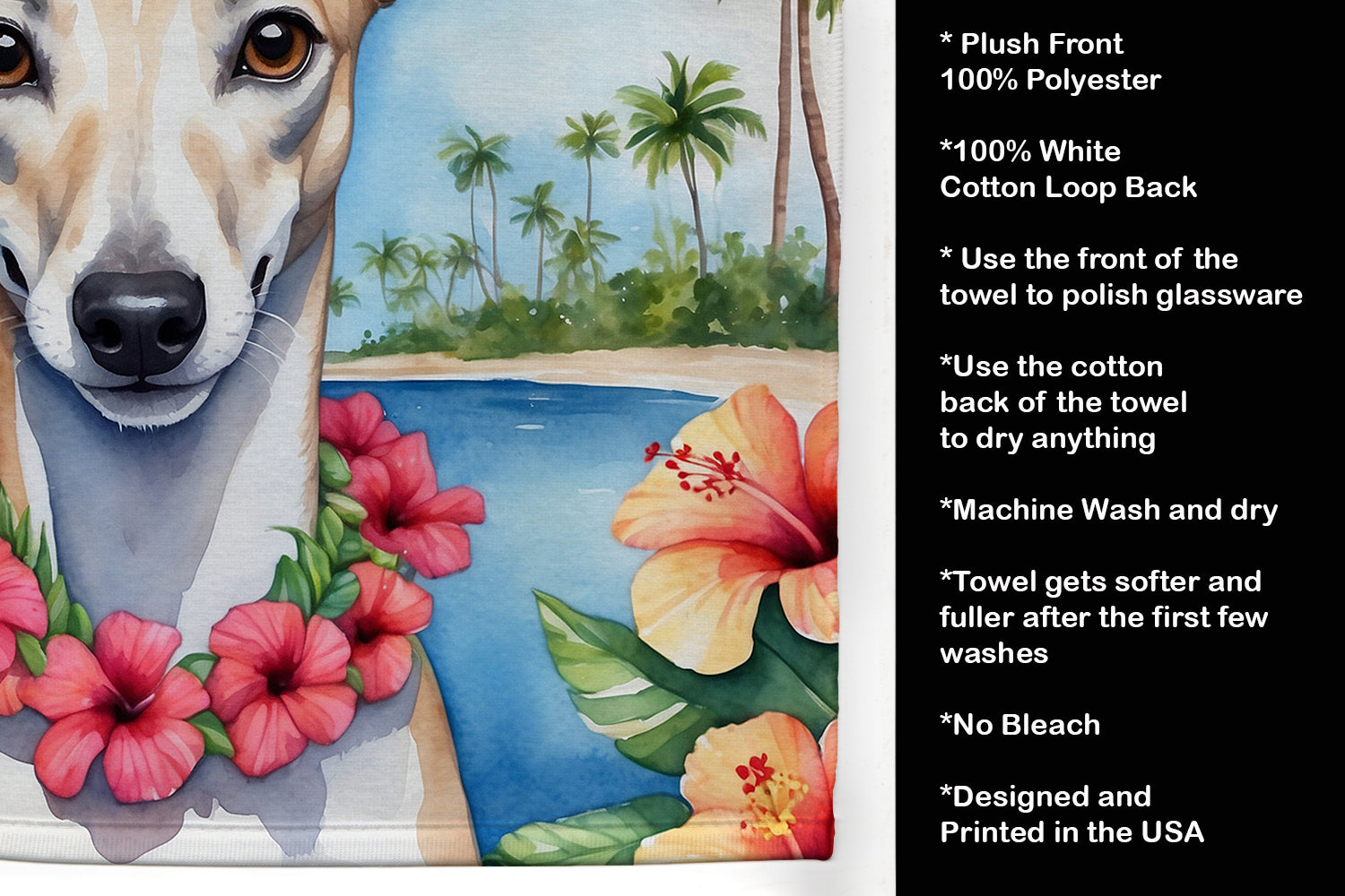 Whippet Luau Kitchen Towel Velour Plush Front and Cotton Loop Back Machine Washable