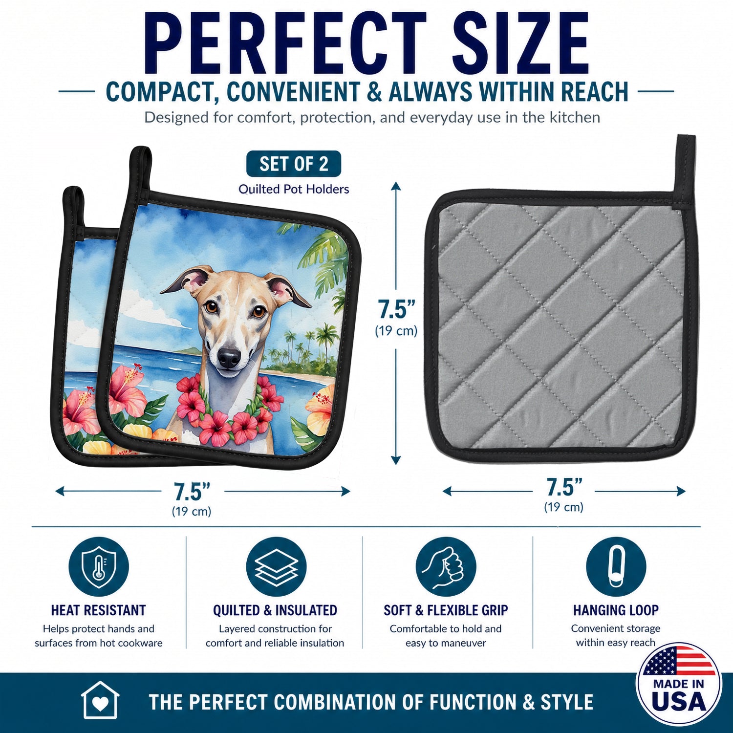 Whippet Luau Pot Holder Set of 2 Heat Resistant Quilted Hot Pads 7.5 x 7.5 Inch, Insulated Kitchen Trivets for Cooking & Baking