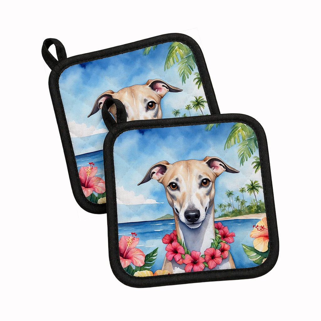 Whippet Luau Pot Holder Set of 2 Heat Resistant Quilted Hot Pads 7.5 x 7.5 Inch, Insulated Kitchen Trivets for Cooking & Baking