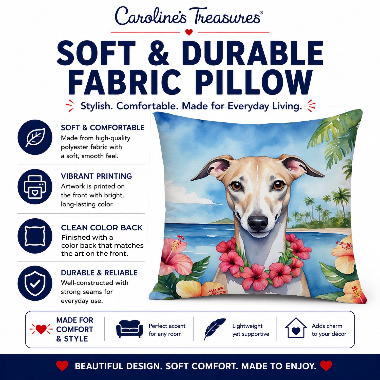 Whippet Luau Decorative Throw Pillow 14x14 Indoor Outdoor Accent Cushion, Fabric Cover with Insert for Sofa, Bed, Porch & Living Room