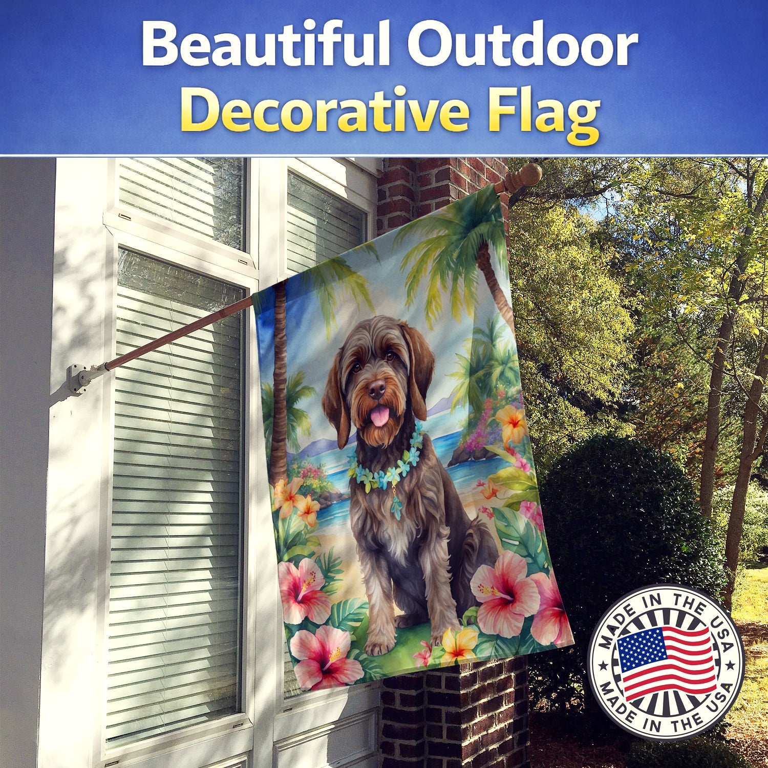 Wirehaired Pointing Griffon Luau House Flag 28x40 Porch Sleeve Pole Decorative Outside Yard Banner Artwork Wall Hanging, Polyester