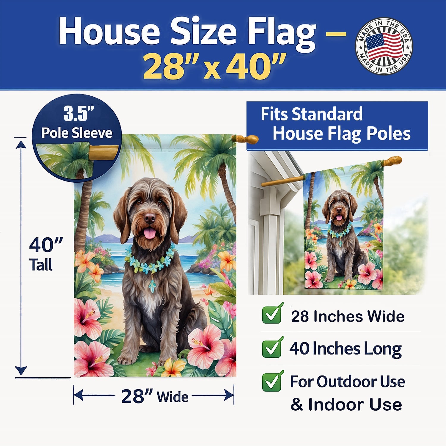 Wirehaired Pointing Griffon Luau House Flag 28x40 Porch Sleeve Pole Decorative Outside Yard Banner Artwork Wall Hanging, Polyester