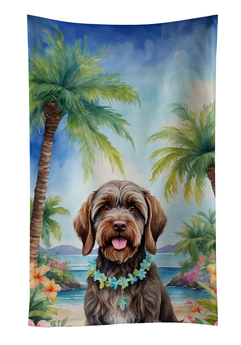 Wirehaired Pointing Griffon Luau Kitchen Towel Velour Plush Front and Cotton Loop Back Machine Washable