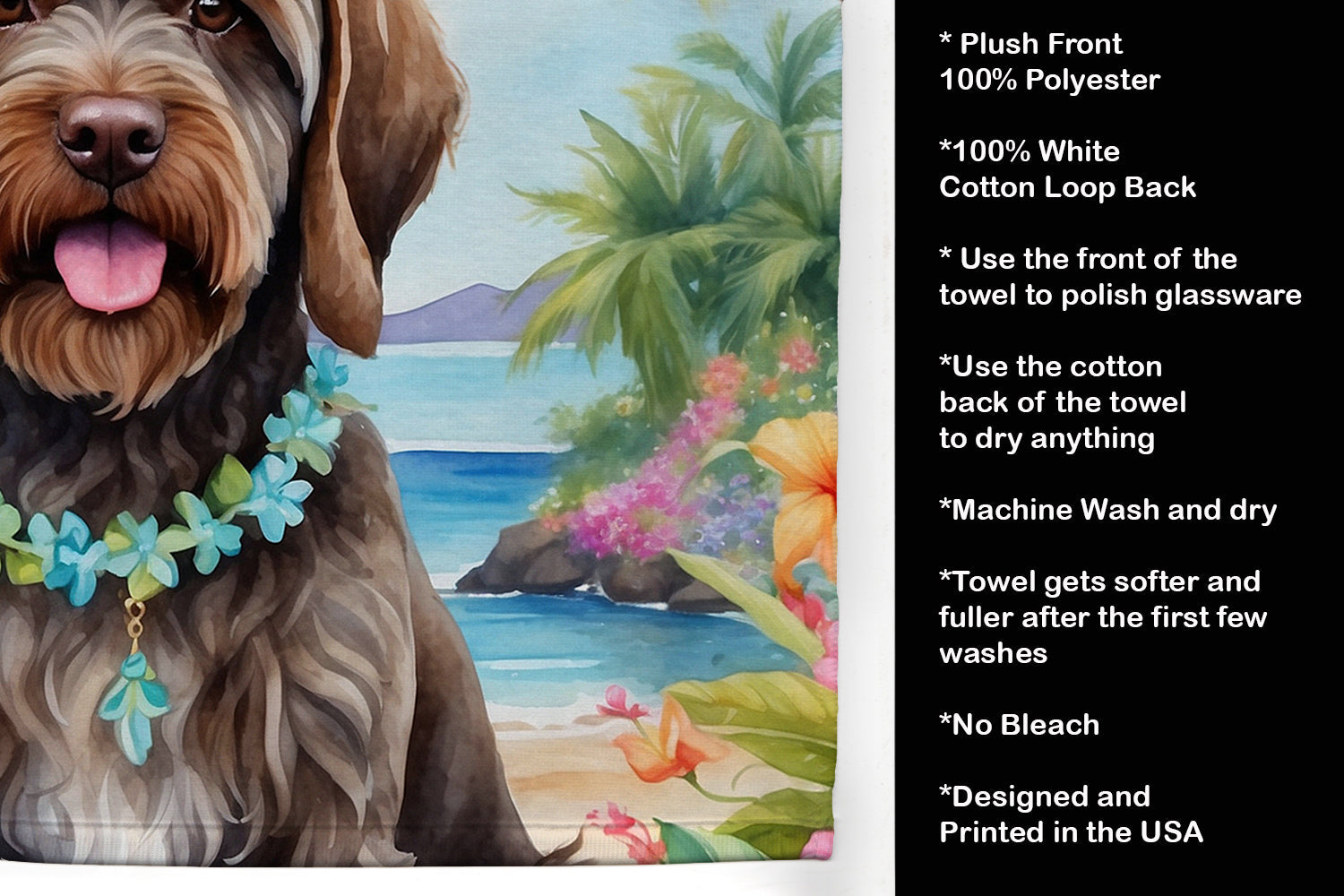 Wirehaired Pointing Griffon Luau Kitchen Towel Velour Plush Front and Cotton Loop Back Machine Washable