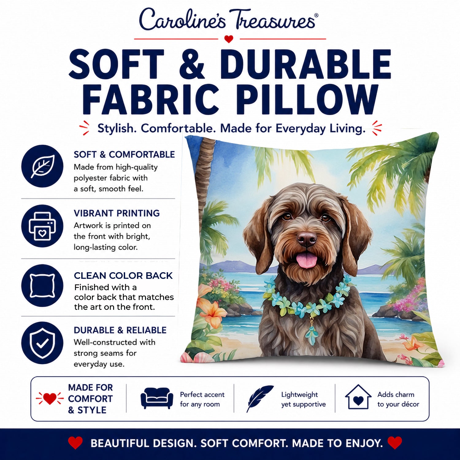 Wirehaired Pointing Griffon Luau Decorative Throw Pillow 14x14 Indoor Outdoor Accent Cushion, Fabric Cover with Insert for Sofa, Bed, Porch & Living Room