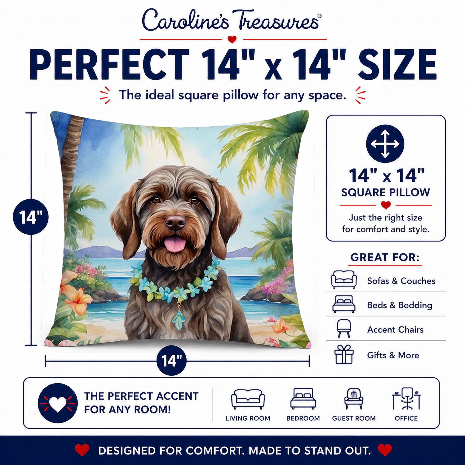 Wirehaired Pointing Griffon Luau Decorative Throw Pillow 14x14 Indoor Outdoor Accent Cushion, Fabric Cover with Insert for Sofa, Bed, Porch & Living Room