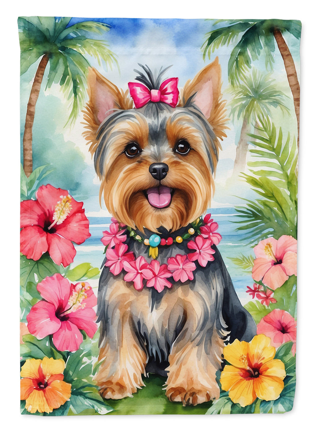 Yorkshire Terrier Luau House Flag 28x40 Porch Sleeve Pole Decorative Outside Yard Banner Artwork Wall Hanging, Polyester