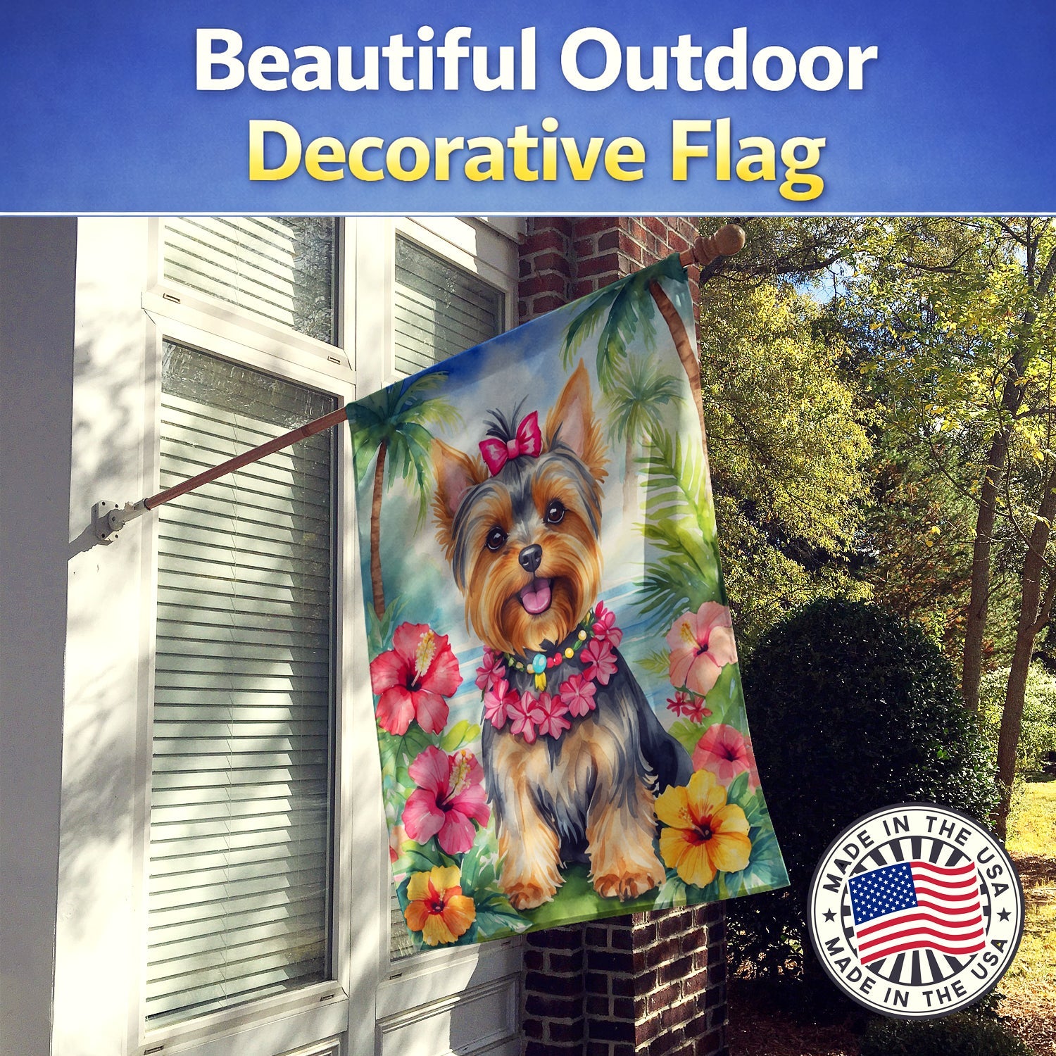 Yorkshire Terrier Luau House Flag 28x40 Porch Sleeve Pole Decorative Outside Yard Banner Artwork Wall Hanging, Polyester