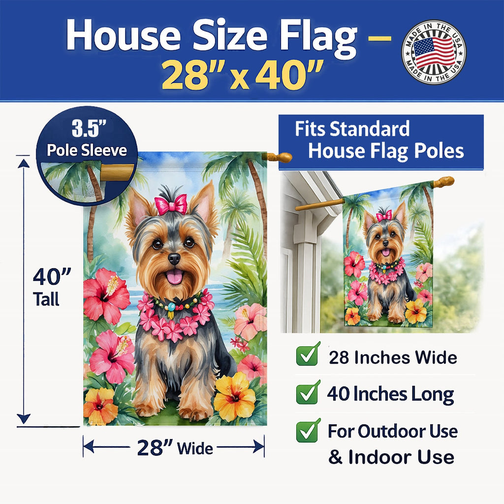 Yorkshire Terrier Luau House Flag 28x40 Porch Sleeve Pole Decorative Outside Yard Banner Artwork Wall Hanging, Polyester