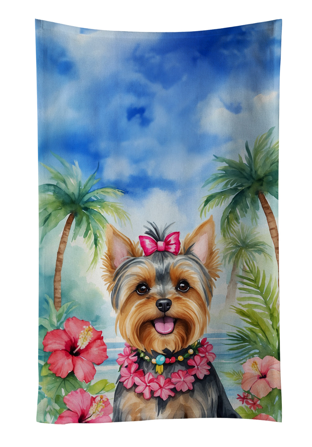 Yorkshire Terrier Luau Kitchen Towel Velour Plush Front and Cotton Loop Back Machine Washable