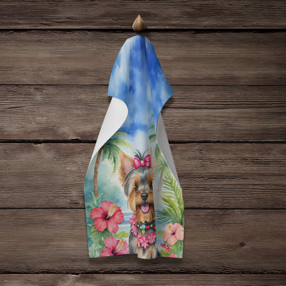 Yorkshire Terrier Luau Kitchen Towel Velour Plush Front and Cotton Loop Back Machine Washable