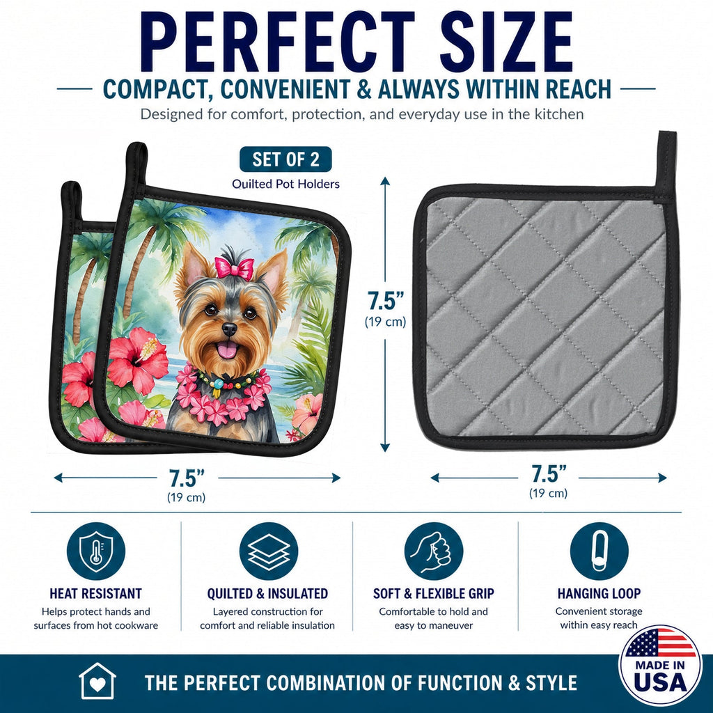 Yorkshire Terrier Luau Pot Holder Set of 2 Heat Resistant Quilted Hot Pads 7.5 x 7.5 Inch, Insulated Kitchen Trivets for Cooking & Baking