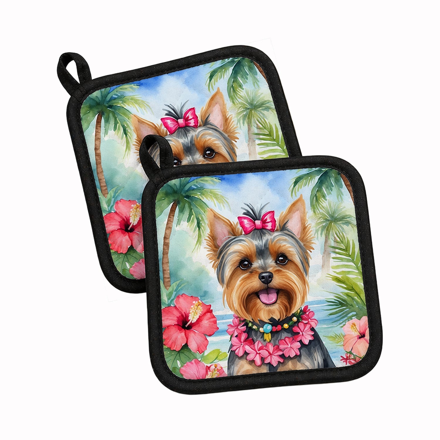 Yorkshire Terrier Luau Pot Holder Set of 2 Heat Resistant Quilted Hot Pads 7.5 x 7.5 Inch, Insulated Kitchen Trivets for Cooking & Baking