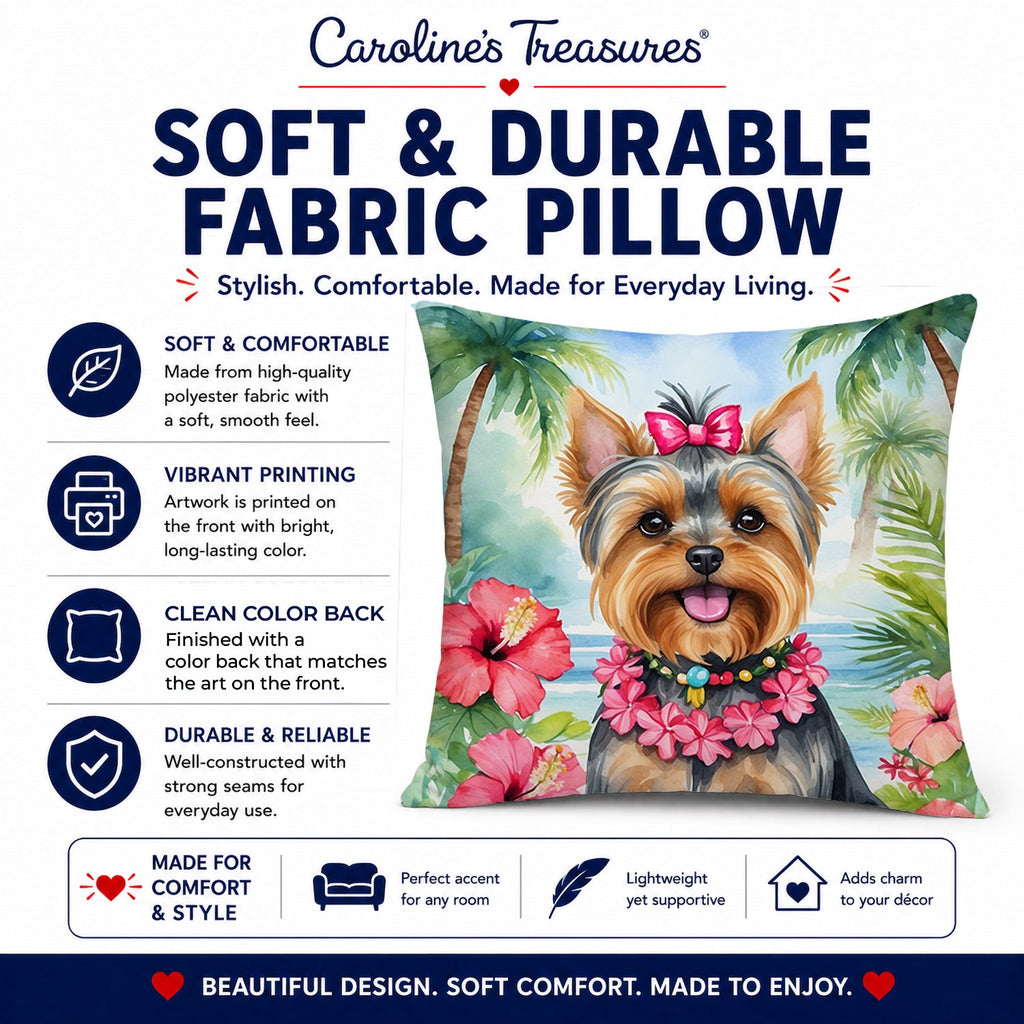 Yorkshire Terrier Luau Decorative Throw Pillow 14x14 Indoor Outdoor Accent Cushion, Fabric Cover with Insert for Sofa, Bed, Porch & Living Room