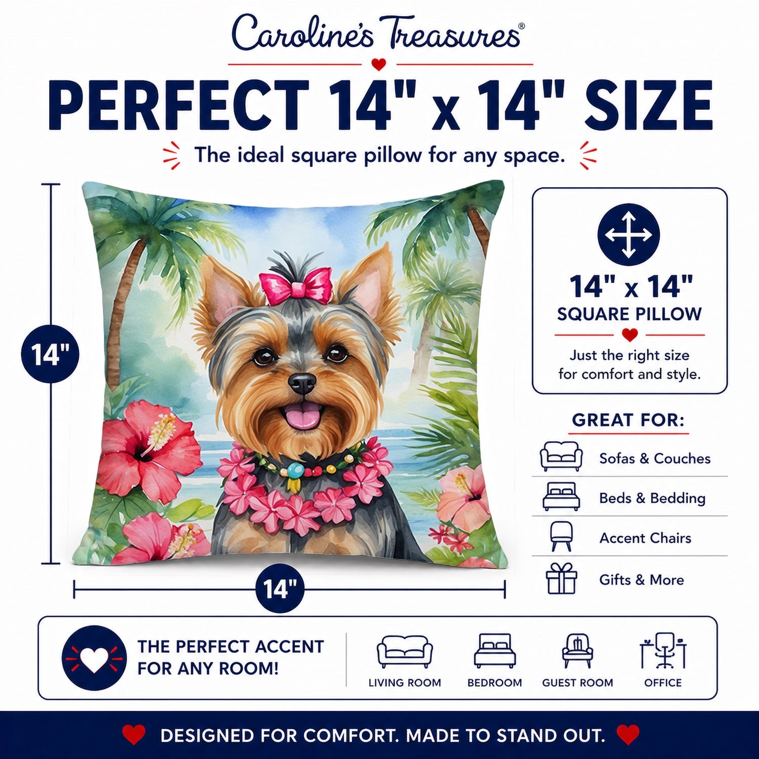 Yorkshire Terrier Luau Decorative Throw Pillow 14x14 Indoor Outdoor Accent Cushion, Fabric Cover with Insert for Sofa, Bed, Porch & Living Room
