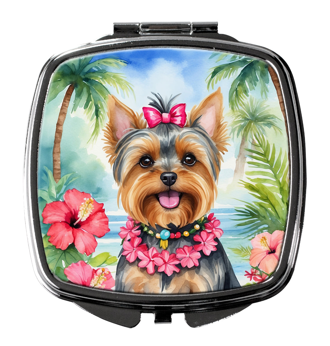 Yorkshire Terrier Luau Compact Mirror Decorative Travel Makeup Mirror for Women Girls Gifts Pocket Makeup Mirror Folding Handheld