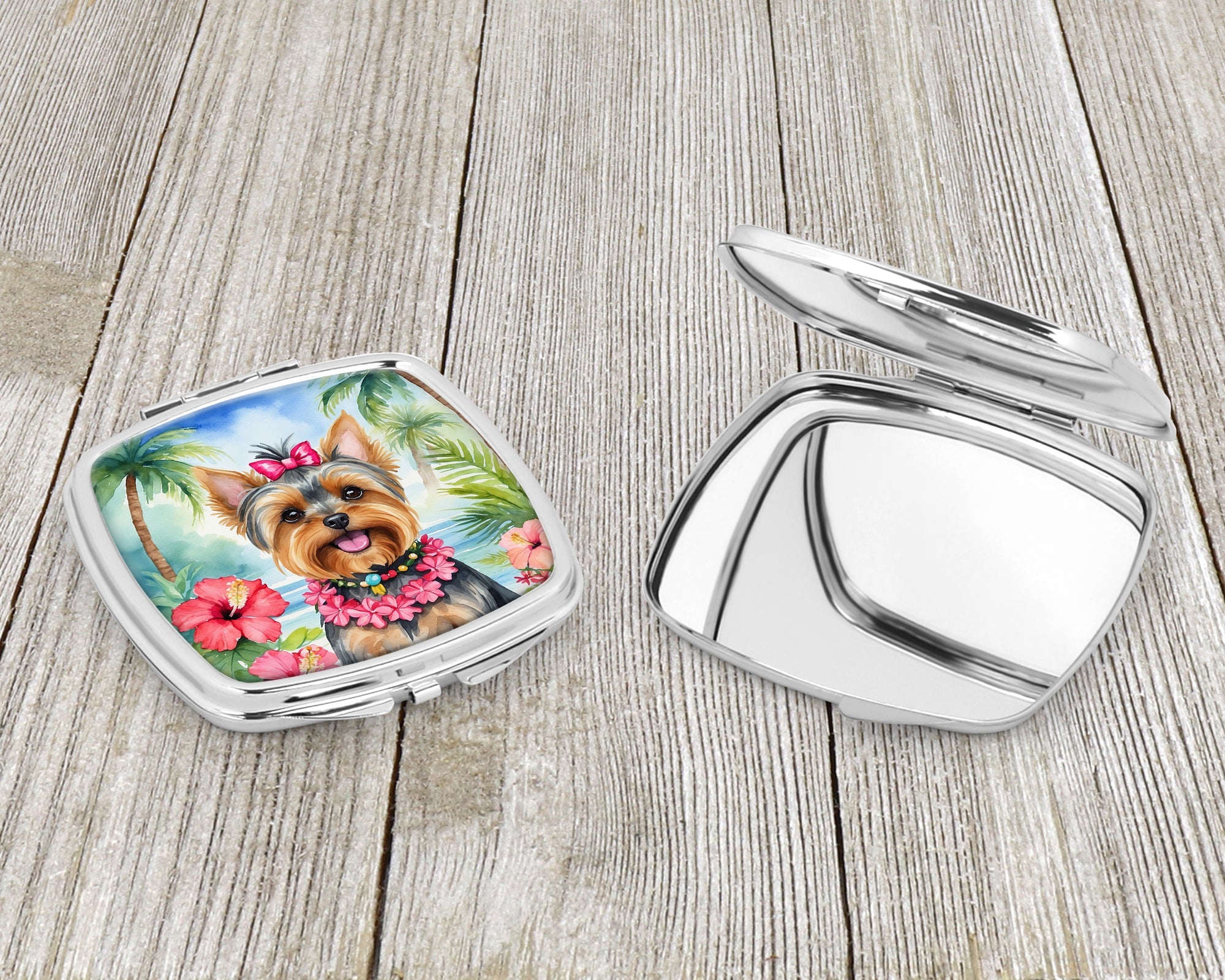 Yorkshire Terrier Luau Compact Mirror Decorative Travel Makeup Mirror for Women Girls Gifts Pocket Makeup Mirror Folding Handheld