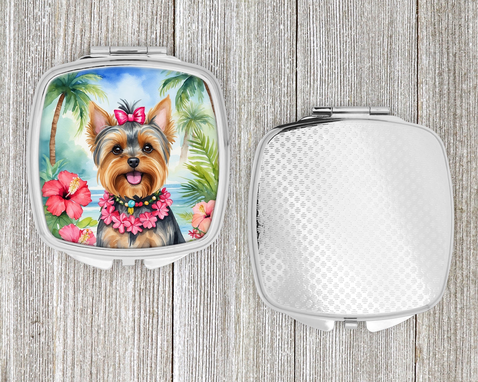 Yorkshire Terrier Luau Compact Mirror Decorative Travel Makeup Mirror for Women Girls Gifts Pocket Makeup Mirror Folding Handheld