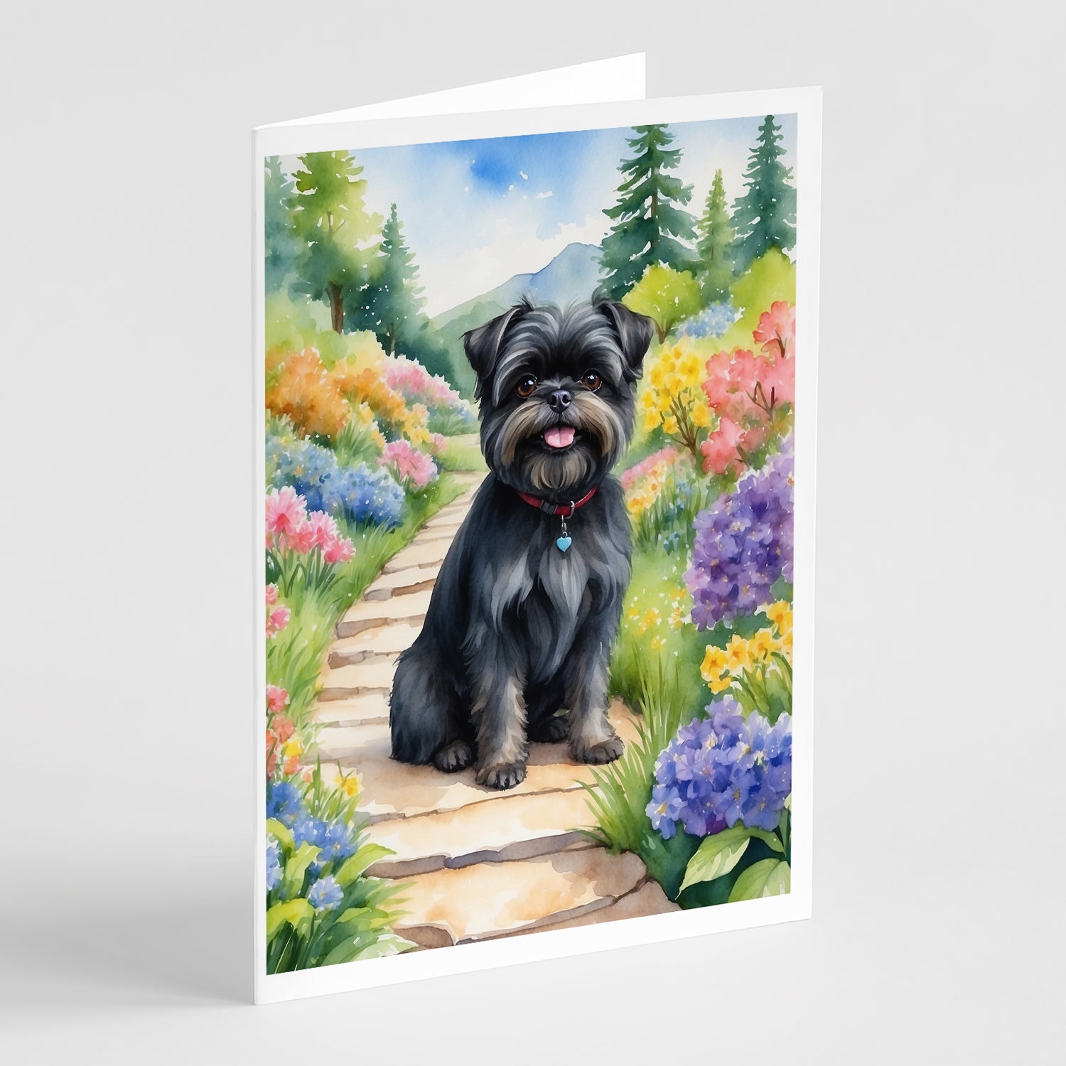 Affenpinscher Spring Garden Greeting Cards Pack of 8 Blank Cards with Envelopes Whimsical A7 Size 5x7