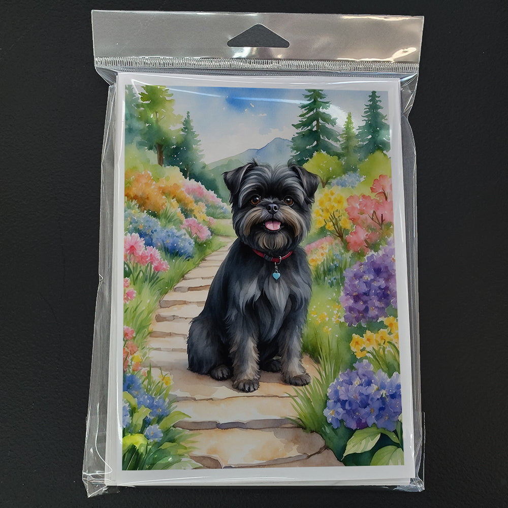 Affenpinscher Spring Garden Greeting Cards Pack of 8 Blank Cards with Envelopes Whimsical A7 Size 5x7