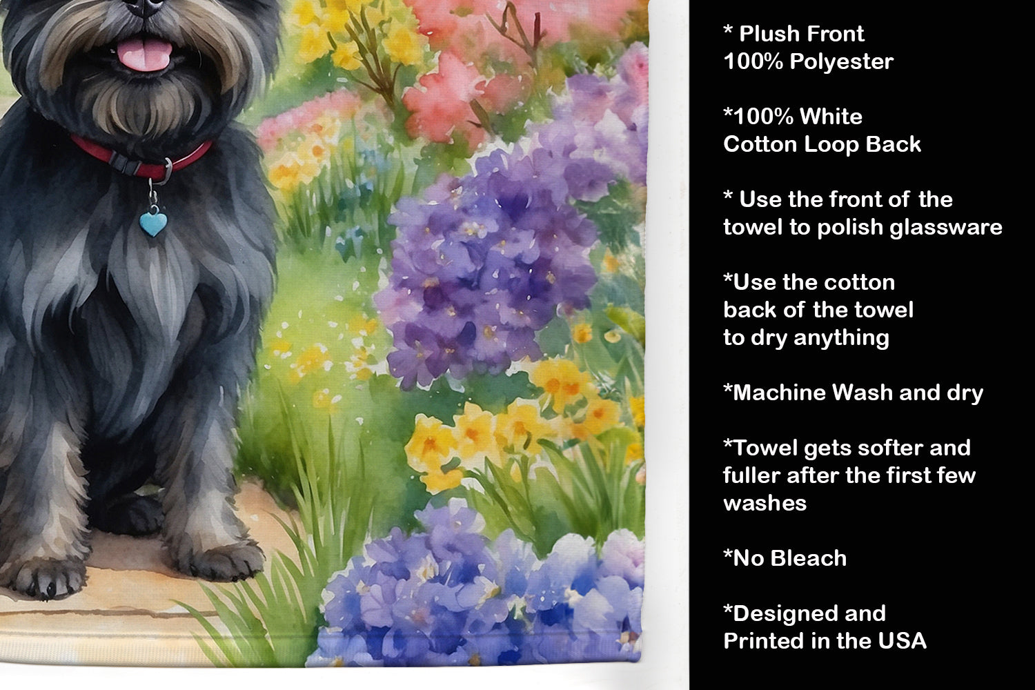 Affenpinscher Spring Garden Kitchen Towel Velour Plush Front and Cotton Loop Back Machine Washable