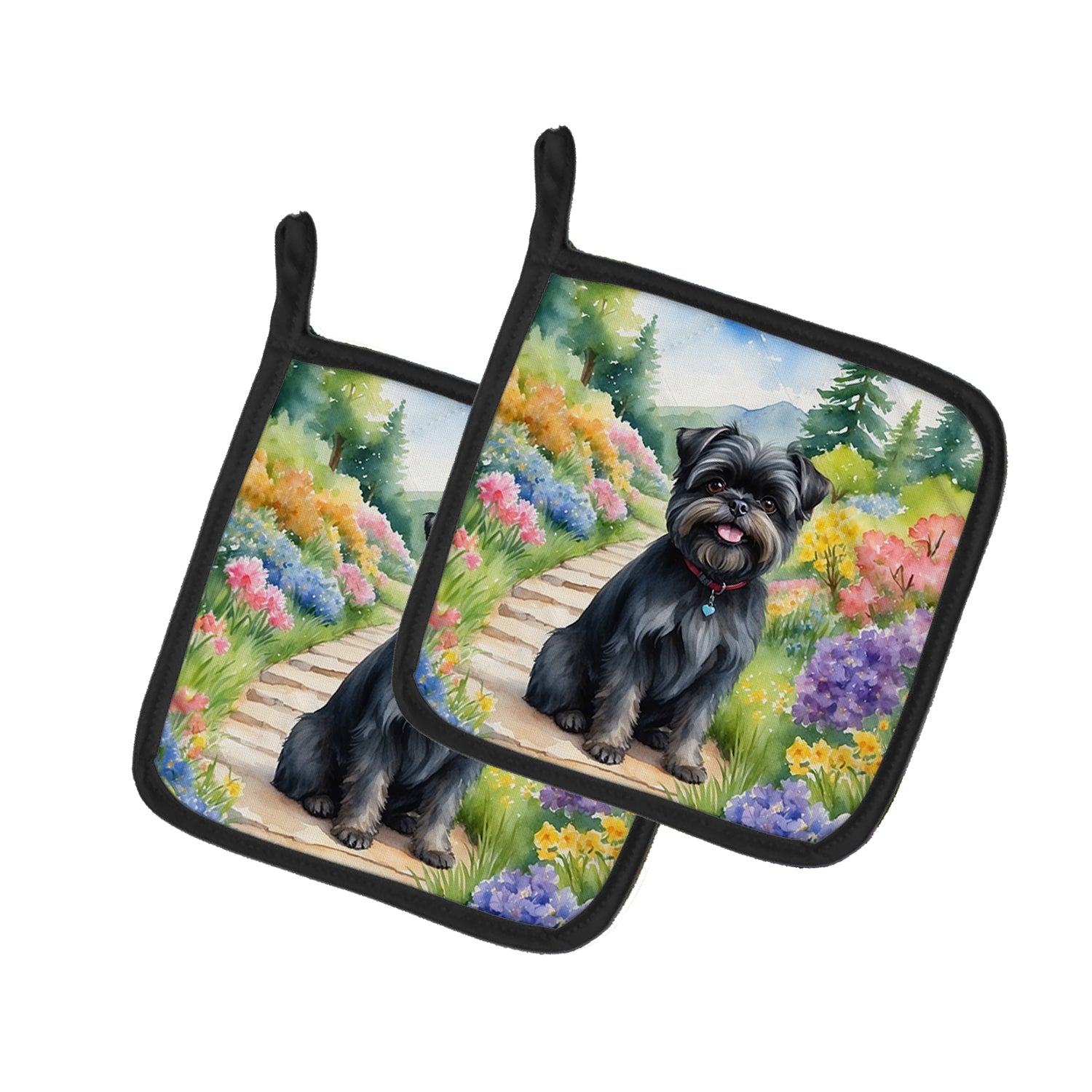 Affenpinscher Spring Garden Pot Holder Set of 2 Heat Resistant Quilted Hot Pads 7.5 x 7.5 Inch, Insulated Kitchen Trivets for Cooking & Baking