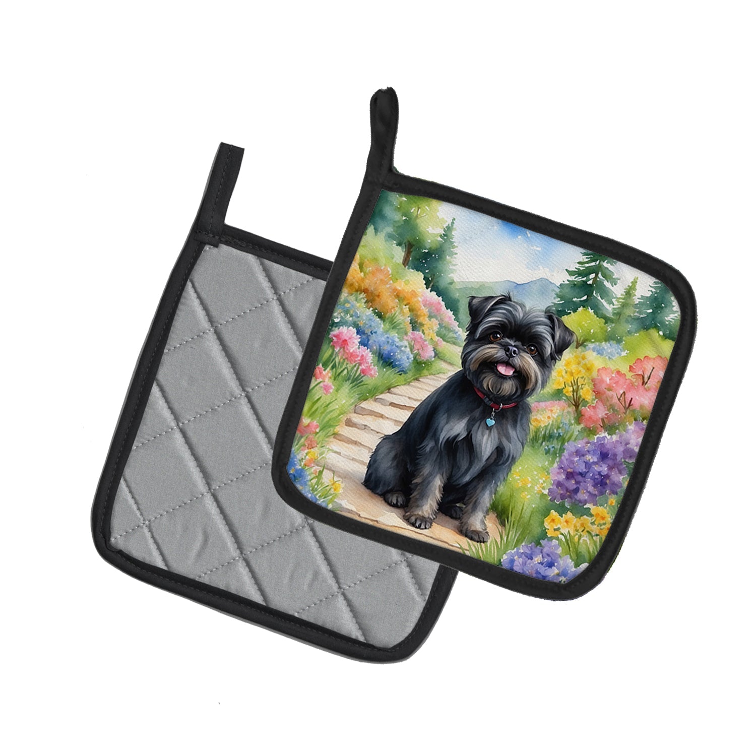 Affenpinscher Spring Garden Pot Holder Set of 2 Heat Resistant Quilted Hot Pads 7.5 x 7.5 Inch, Insulated Kitchen Trivets for Cooking & Baking