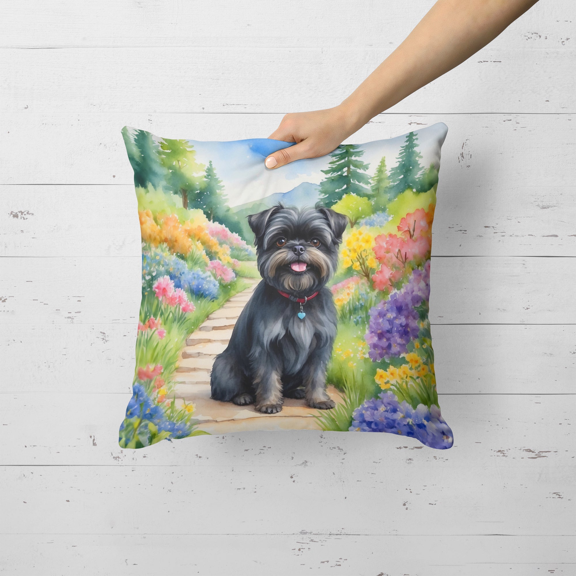 Affenpinscher Spring Garden Decorative Throw Pillow 18x18 Indoor Outdoor Accent Cushion, Fabric Cover with Insert for Sofa, Bed, Porch & Living Room