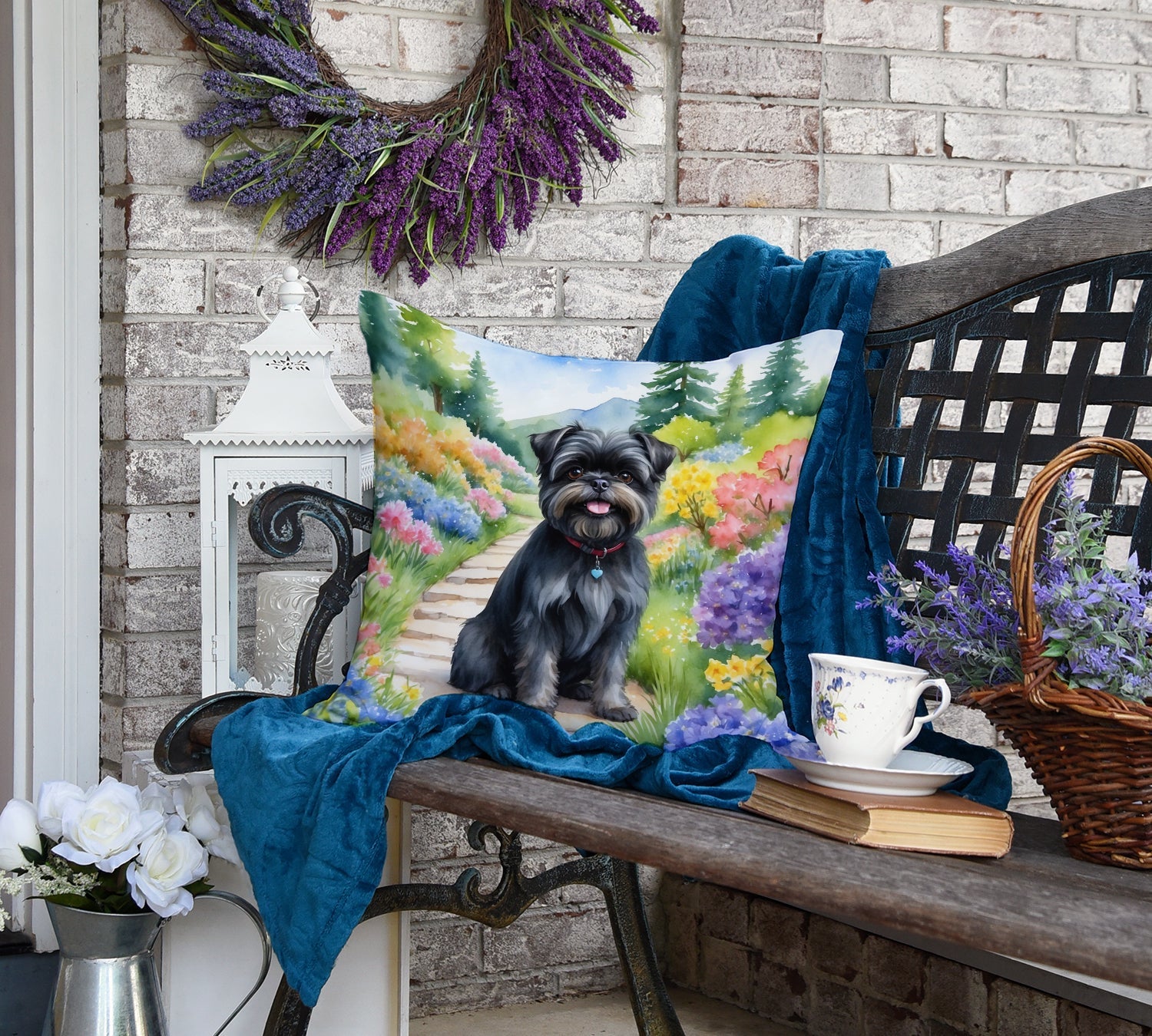 Affenpinscher Spring Garden Decorative Throw Pillow 18x18 Indoor Outdoor Accent Cushion, Fabric Cover with Insert for Sofa, Bed, Porch & Living Room