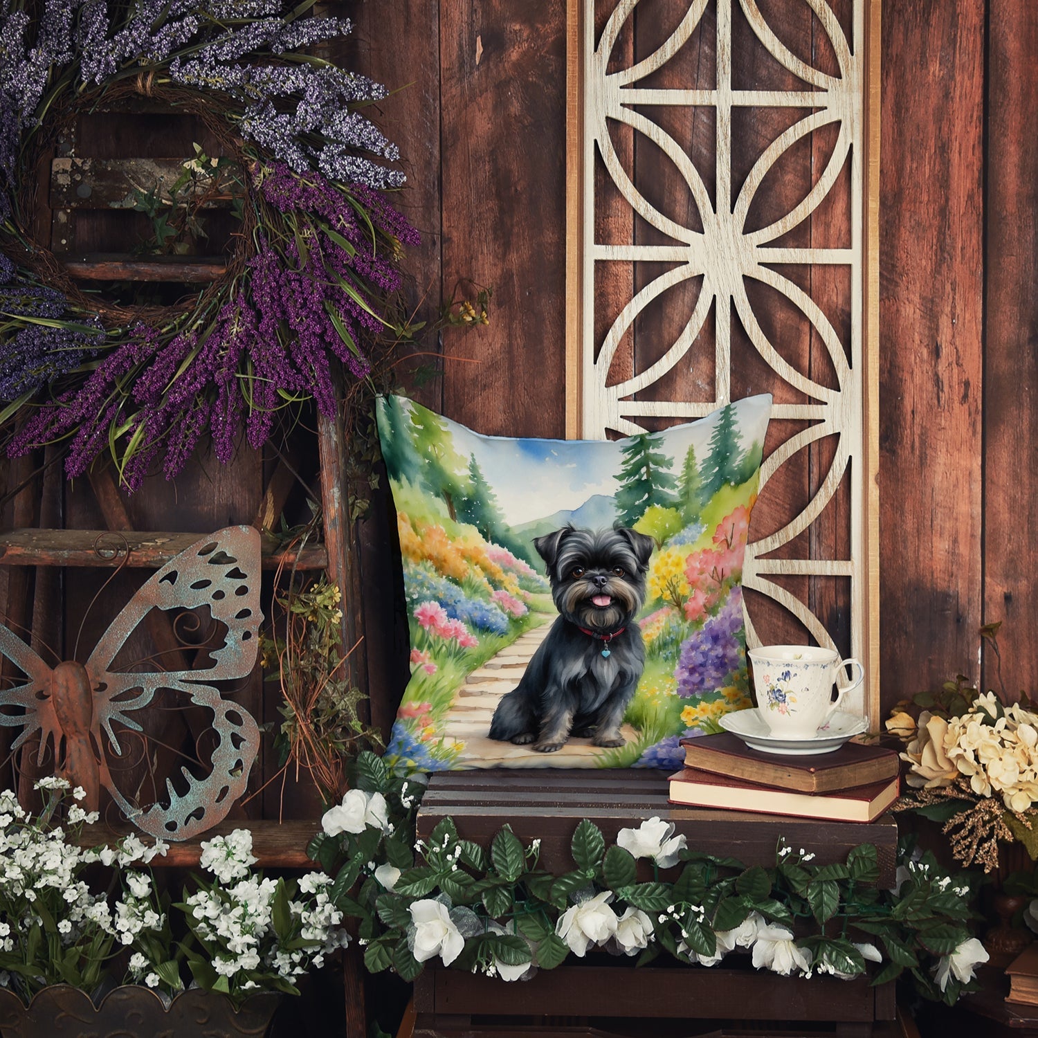 Affenpinscher Spring Garden Decorative Throw Pillow 18x18 Indoor Outdoor Accent Cushion, Fabric Cover with Insert for Sofa, Bed, Porch & Living Room