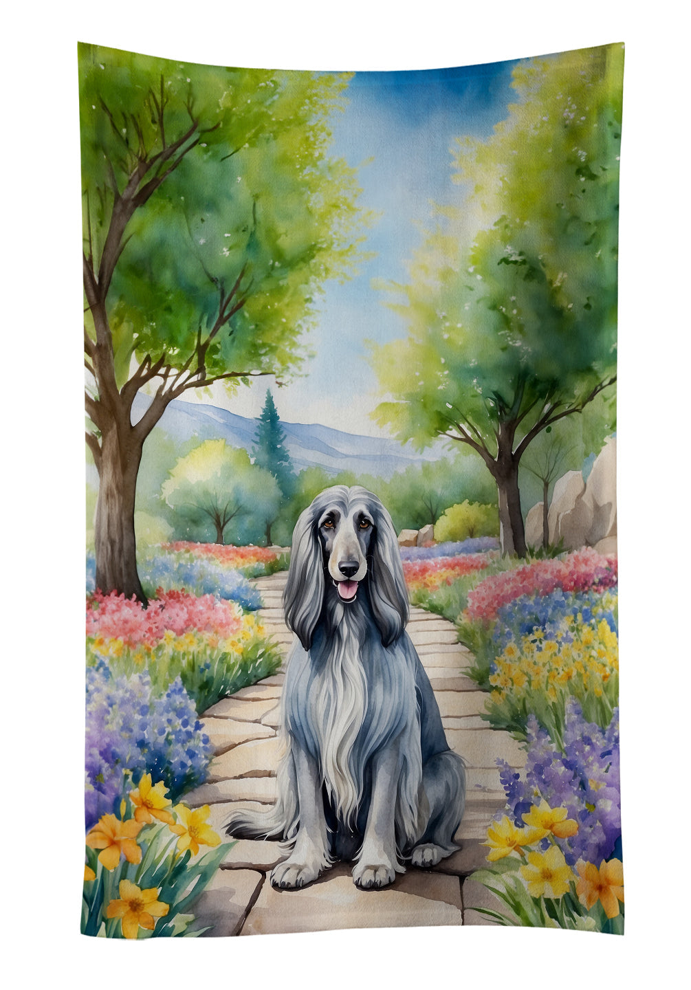 Afghan Hound Spring Garden Kitchen Towel Velour Plush Front and Cotton Loop Back Machine Washable