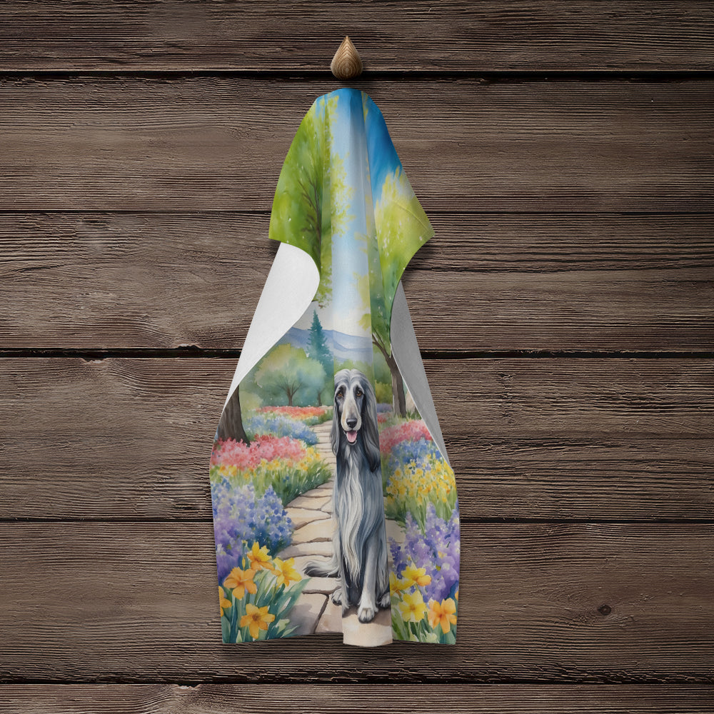 Afghan Hound Spring Garden Kitchen Towel Velour Plush Front and Cotton Loop Back Machine Washable