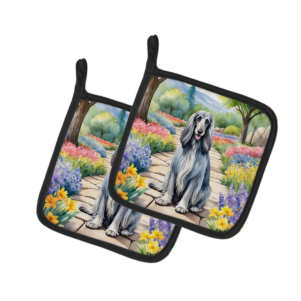Afghan Hound Spring Garden Pot Holder Set of 2 Heat Resistant Quilted Hot Pads 7.5 x 7.5 Inch, Insulated Kitchen Trivets for Cooking & Baking