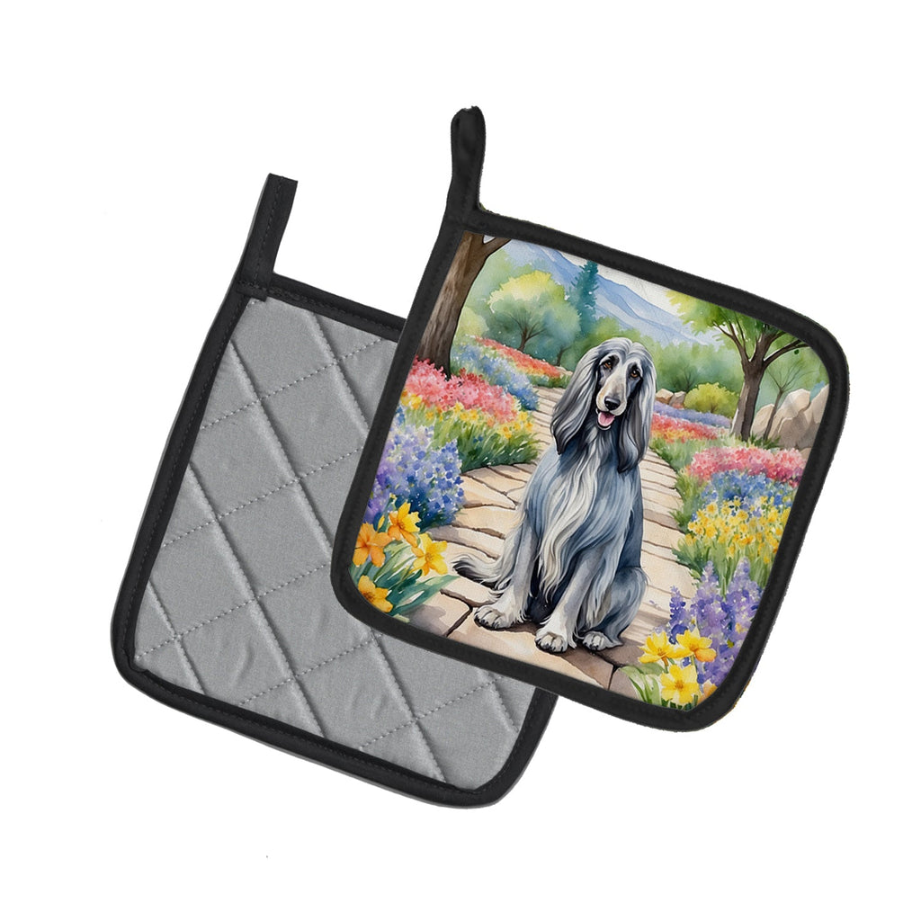Afghan Hound Spring Garden Pot Holder Set of 2 Heat Resistant Quilted Hot Pads 7.5 x 7.5 Inch, Insulated Kitchen Trivets for Cooking & Baking
