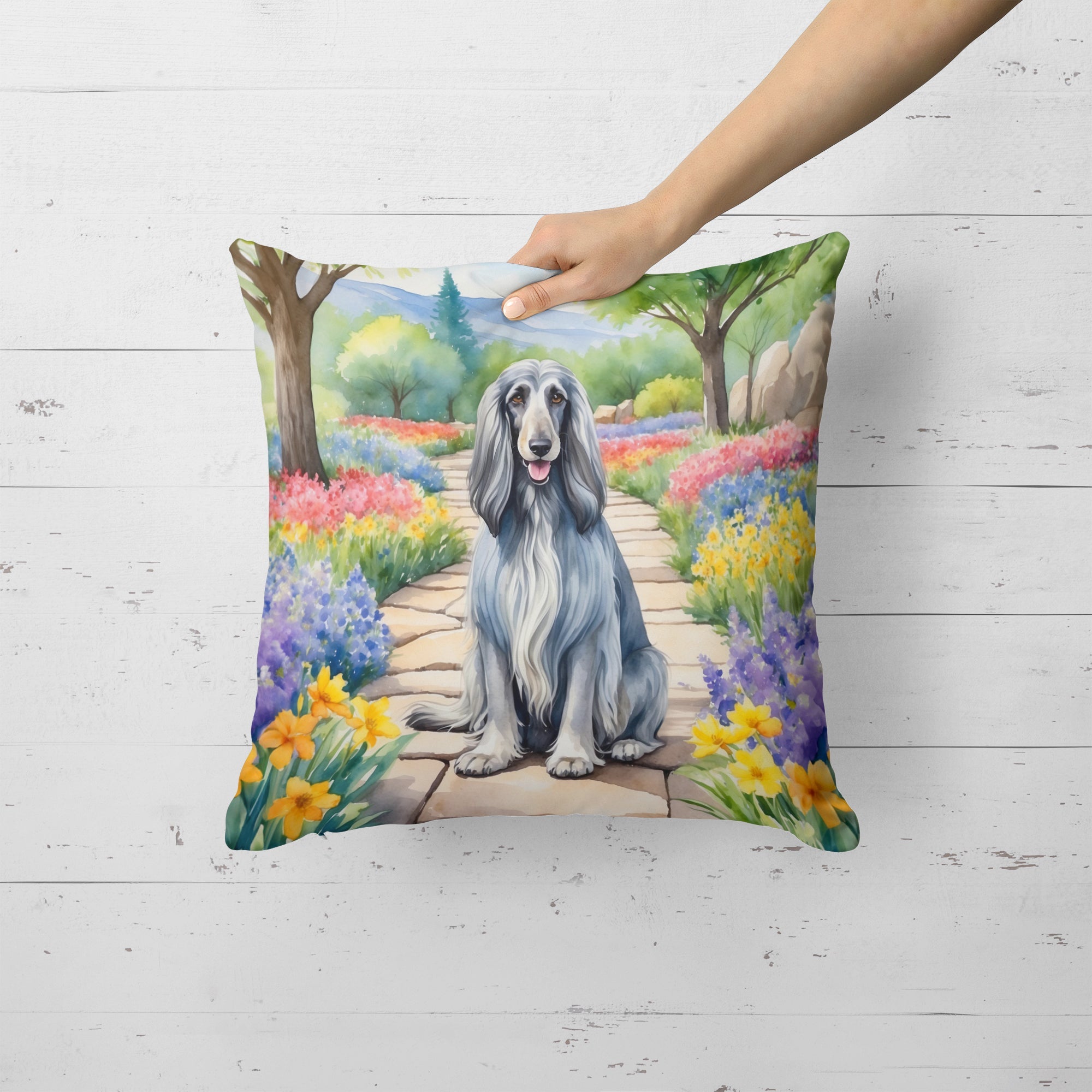 Afghan Hound Spring Garden Decorative Throw Pillow 18x18 Indoor Outdoor Accent Cushion, Fabric Cover with Insert for Sofa, Bed, Porch & Living Room