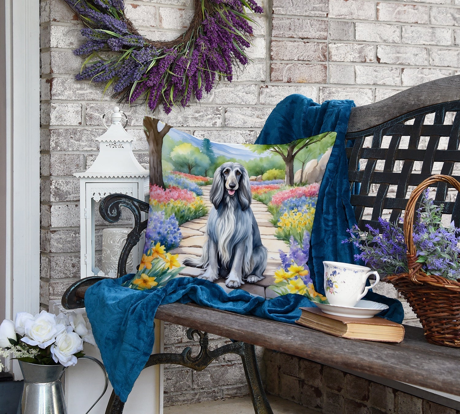 Afghan Hound Spring Garden Decorative Throw Pillow 18x18 Indoor Outdoor Accent Cushion, Fabric Cover with Insert for Sofa, Bed, Porch & Living Room