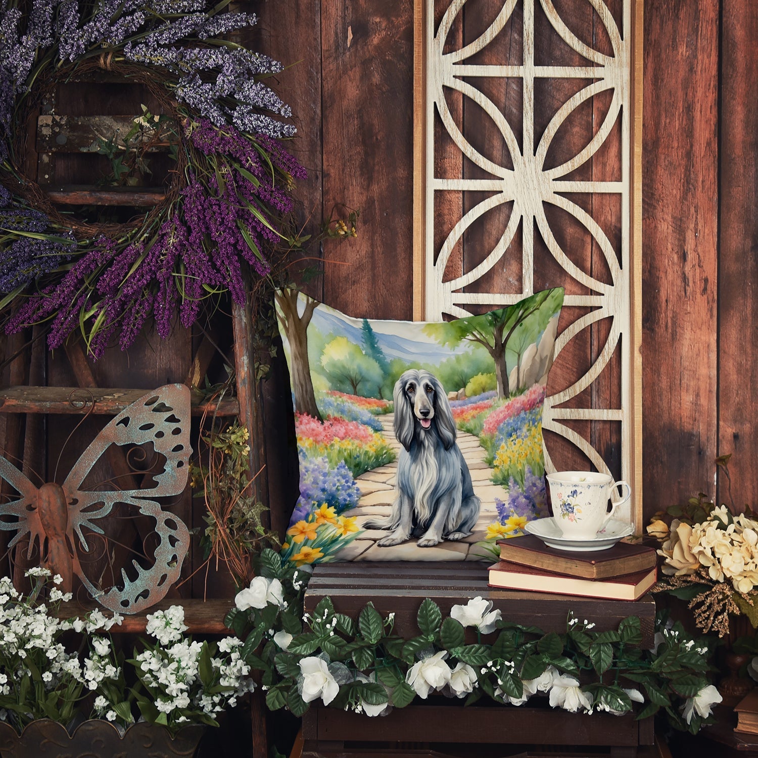 Afghan Hound Spring Garden Decorative Throw Pillow 18x18 Indoor Outdoor Accent Cushion, Fabric Cover with Insert for Sofa, Bed, Porch & Living Room