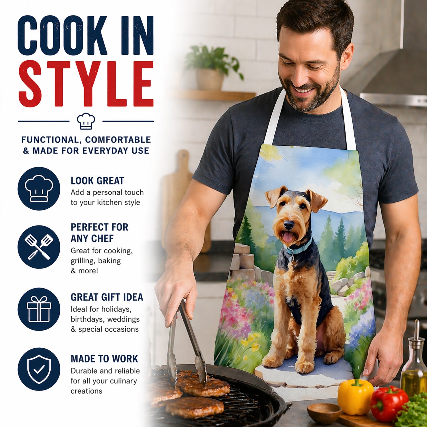 Airedale Terrier Spring Garden Apron Cooking Kitchen Server Baking Crafts Gardening for Adult Women Men, Unisex, Large, Multicolor
