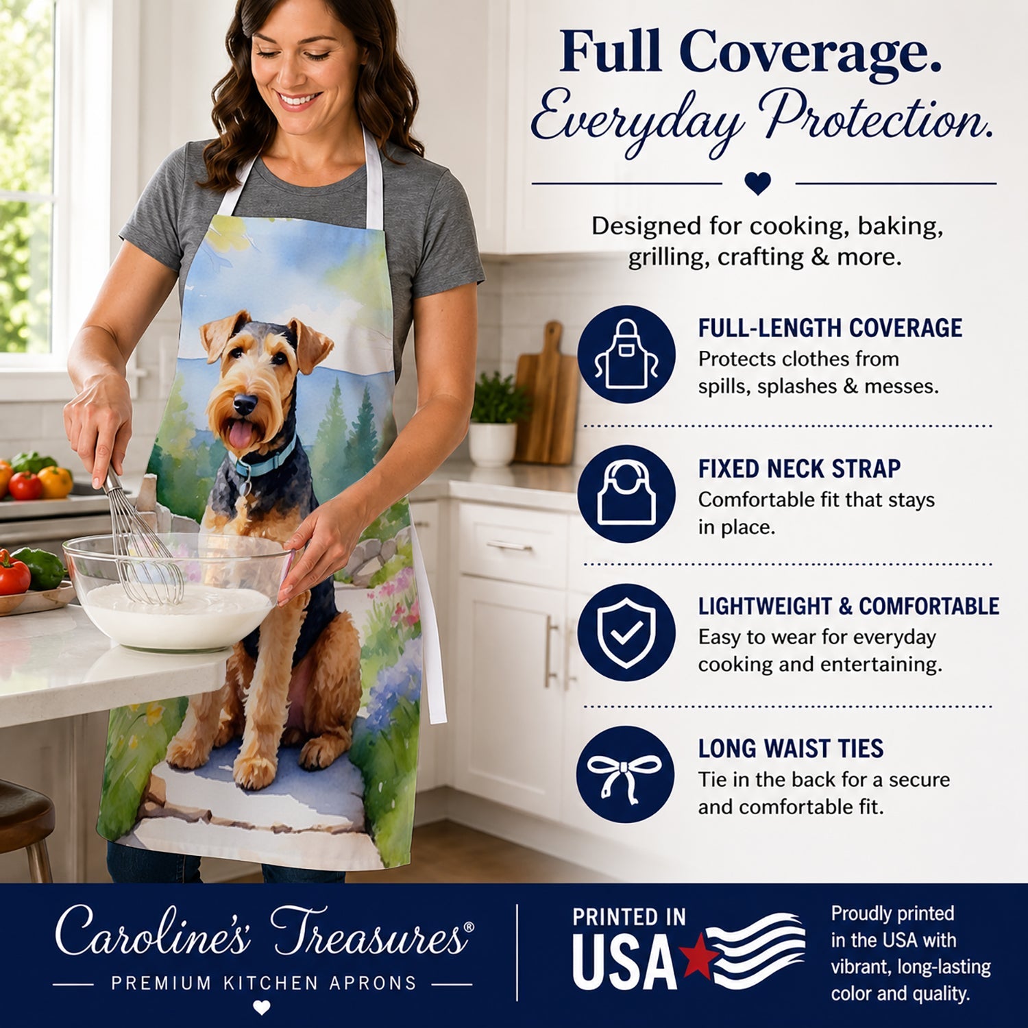 Airedale Terrier Spring Garden Apron Cooking Kitchen Server Baking Crafts Gardening for Adult Women Men, Unisex, Large, Multicolor