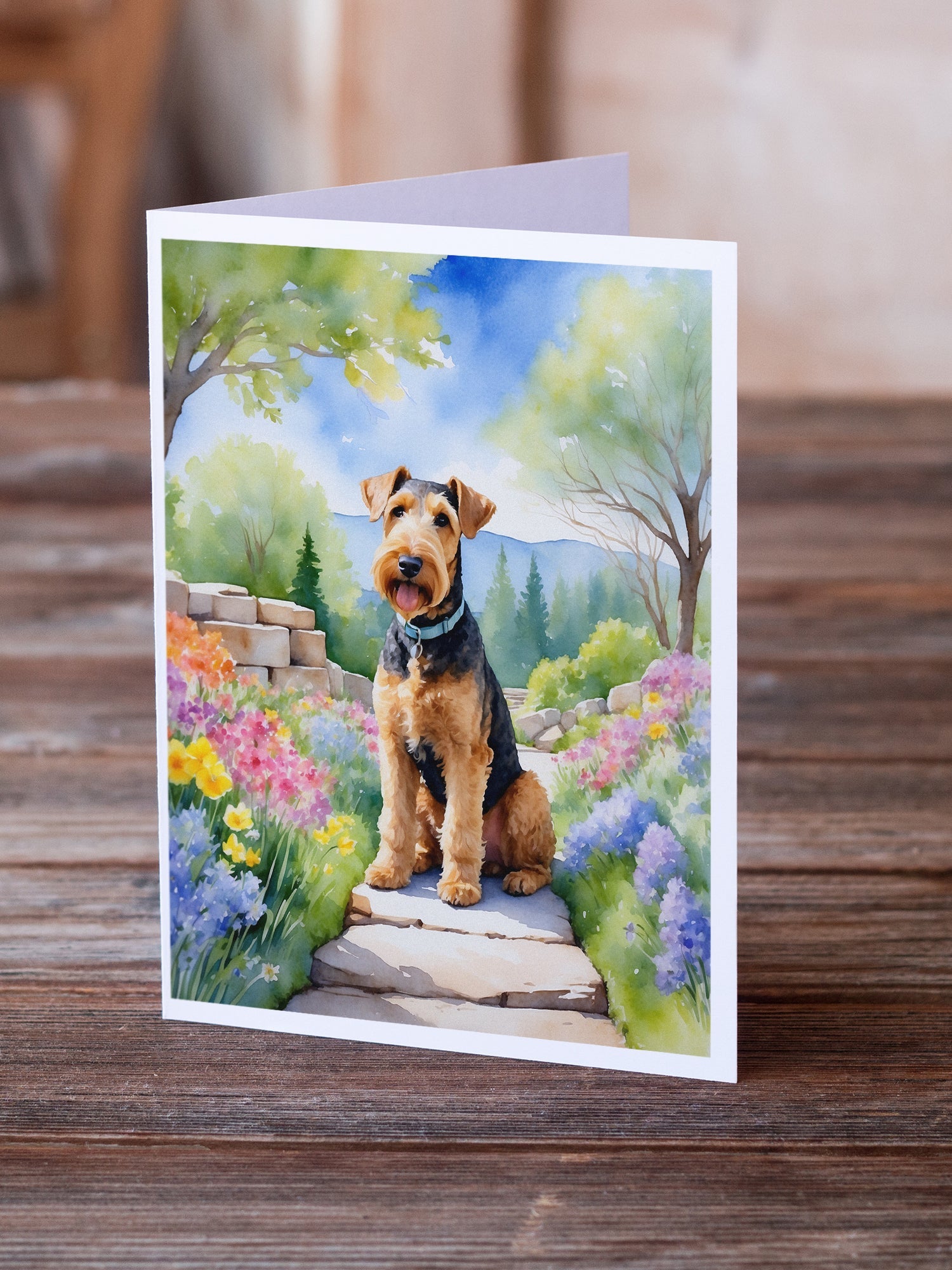 Airedale Terrier Spring Garden Greeting Cards Pack of 8 Blank Cards with Envelopes Whimsical A7 Size 5x7