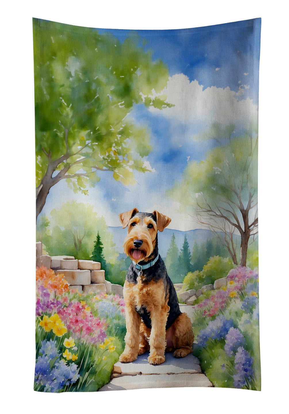 Airedale Terrier Spring Garden Kitchen Towel Velour Plush Front and Cotton Loop Back Machine Washable