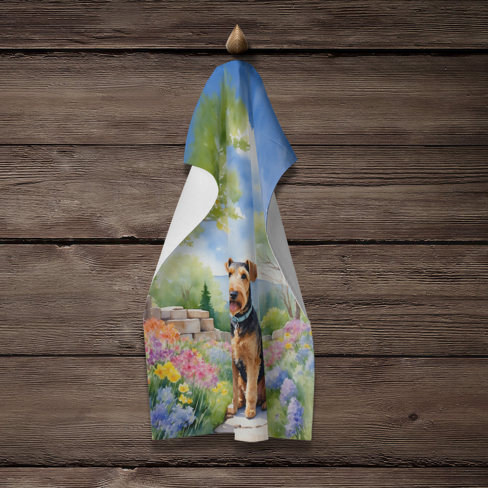Airedale Terrier Spring Garden Kitchen Towel Velour Plush Front and Cotton Loop Back Machine Washable