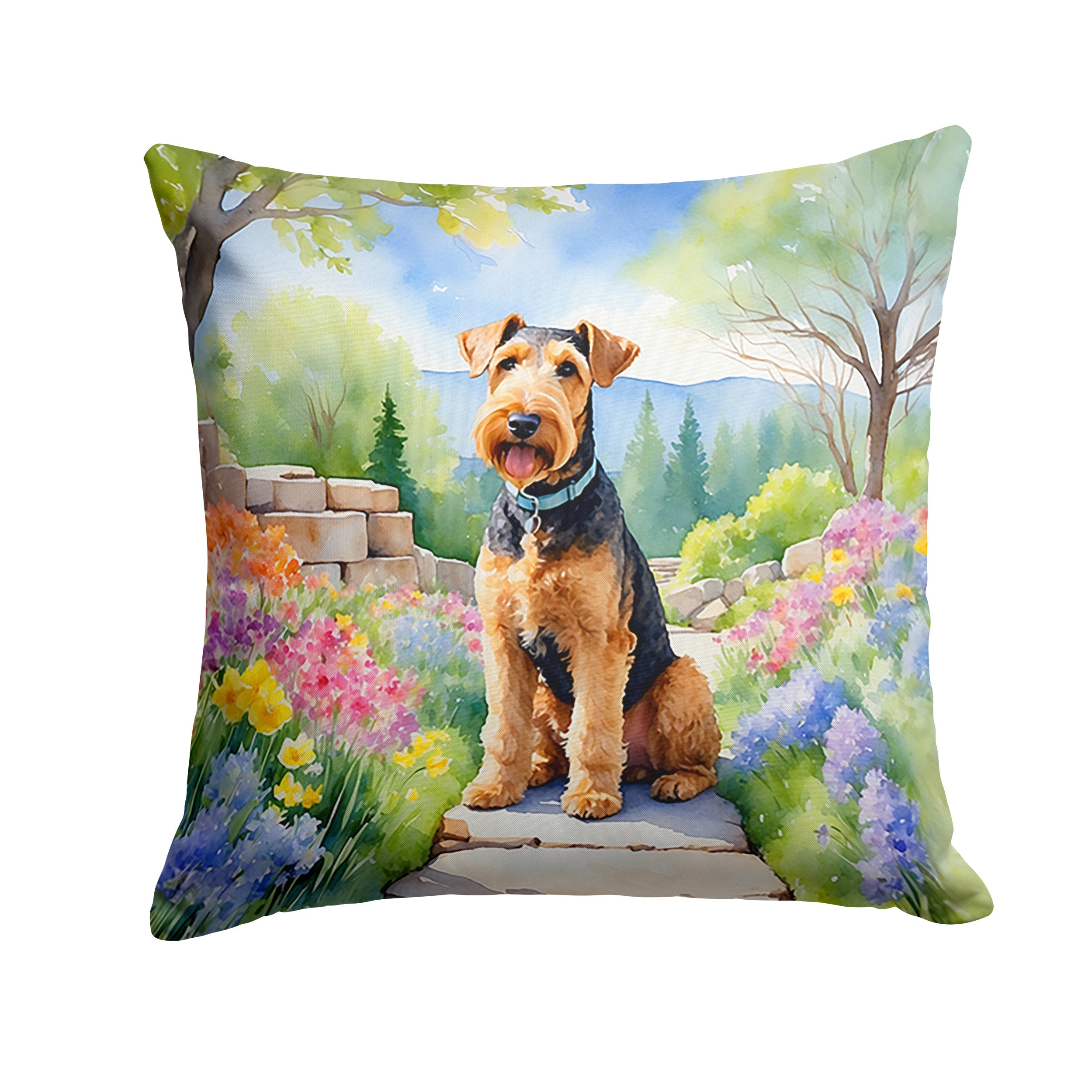 Airedale Terrier Spring Garden Decorative Throw Pillow 18x18 Indoor Outdoor Accent Cushion, Fabric Cover with Insert for Sofa, Bed, Porch & Living Room